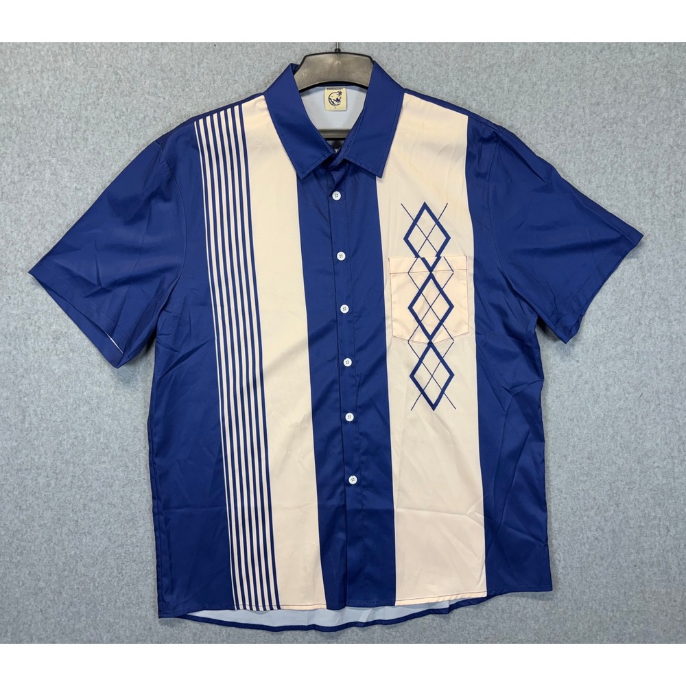 Hardaddy Mens Large Blue Cream Bowling Shirt Retro Diamond Stripe Short Sleeve